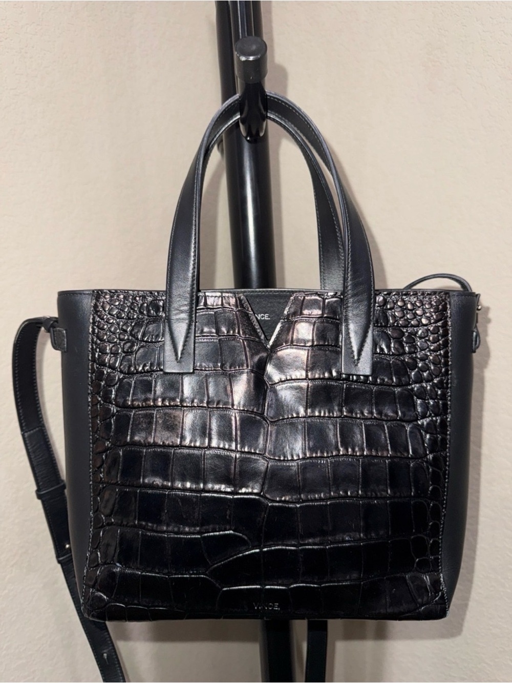 Vince Black Croc-Embossed Leather Tote with Strap
